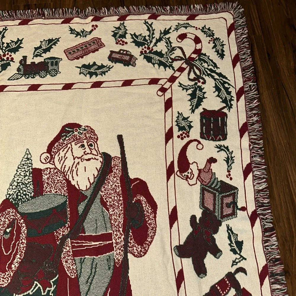 Christmas Holiday Reversible Throw Blanket Woven Tapestry Santa Claus 48x72 VTG